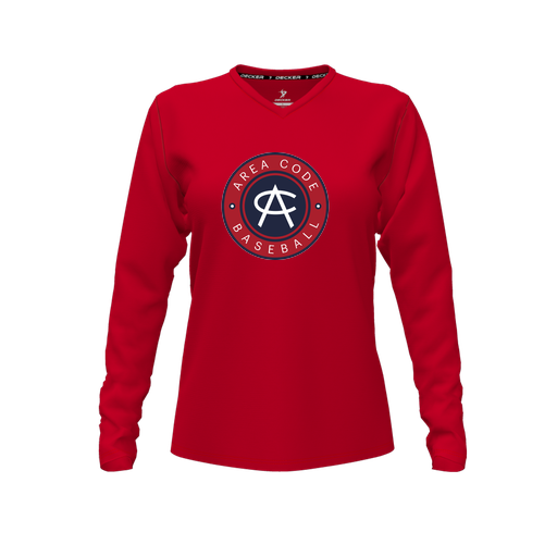 [CUS-DFW-TEES-PER-VNK-LSL-RED-FYXS-LOGO1] Decker Performance T-Shirt (Female Youth XS, Red, V Neck, Logo 1, Long Sleeve)